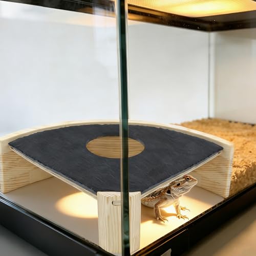 Natural Slate Reptile Basking Platform, 7.7-Inch Corner Terrarium Shelf with Climb-Through Opening for Leopard Geckos, Small Lizards and Hermit Crabs