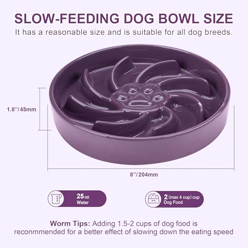 Ceramic Slow Feeder Dog Bowl, 3 Cup Dog Food or 25oz Water, Slow Eating Bowl for Middle Breed, Maze Puzzle Feeder for Fast Eaters, Anti-Choking Stop Bloat, Non-Slip BPA Free (Purple) - color: Purple