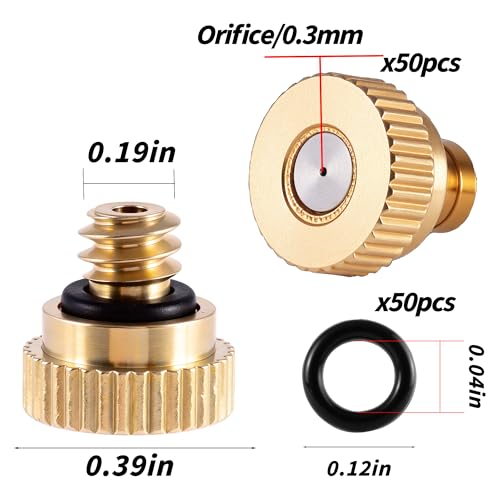 50 Pack Brass Misting Nozzles with 50Pc Misting Nozzles O Ring | Heavy Duty Misting Nozzle 0.012" Orifice (0.3 mm)10/24 UNC for Outdoor Cooling System Dust Control - size: 50pc 0.3mm-Misting Nozzle With O Ring