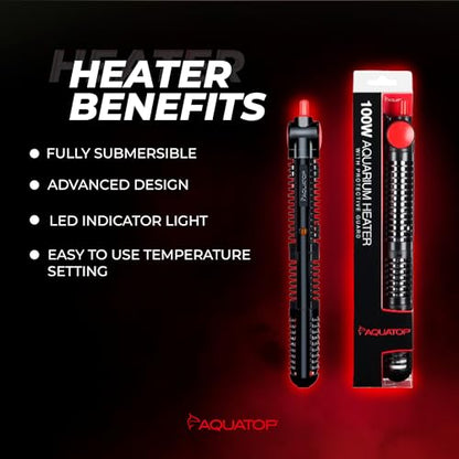 Aquatop 100W Premier Glass Heater with Guard – Submersible for Fish Tanks Up to 25 Gallons – 68-93°F Adjustable Temp – Fresh & Saltwater Use - size: 100 Watts