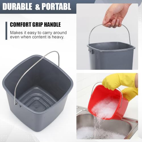 Zhehao 6 Pcs 3 Quart Bucket for Cleaning Small Sanitizer Bucket for Restaurant Square Plastic Pail with Handles for Home, Offices, Commercial Use, Food Service(Red,Gray) - color: Red,gray
