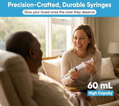 60ml Catheter Tip Syringe with Covers 5 Pack by Tilcare - Sterile Plastic Medicine Food Droppers for Children, Pets or Adults – Latex-Free Oral Medication Dispenser - Large Feeding Tube Syringes