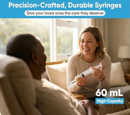 60ml Catheter Tip Syringe with Covers 5 Pack by Tilcare - Sterile Plastic Medicine Food Droppers for Children, Pets or Adults – Latex-Free Oral Medication Dispenser - Large Feeding Tube Syringes