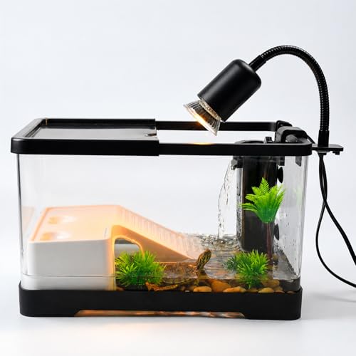 Turtle Tank Starter Kit– Acrylic Aquarium with UVB/UVA Lamp, 3W Quiet Filter, Basking Platform & Lid – Complete Habitat for Baby Turtles, Crabs, Amphibians & Small Reptiles - size: S(12"x 7.7"x 7.2")