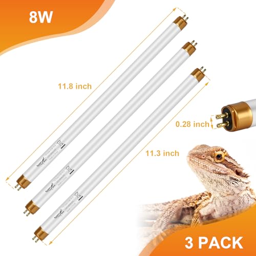 UVB Light for Reptiles Bearded Dragon, 3 Pack T5 UVB Reptile Light UVB Bulb 10.0 8W UVA UVB Reptile Light Bulb Terrarium Light Lamp Tube for Turtle Chameleon Leopard Gecko Snake Tank, 12 Inch - size: T5-12 Inch(3 Pack)