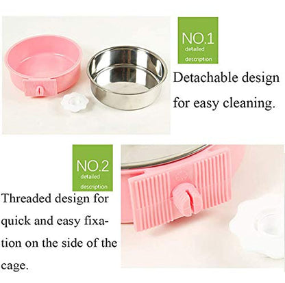 Stainless Steel Removable Pet Food Bowl, Anti-overturn Water Feeder Container, Suitable for Small Dog/Cat/Rabbit, 2 Set of Crate Bowls, Easy to Install and Clean - color: (Round) Pink/Blue