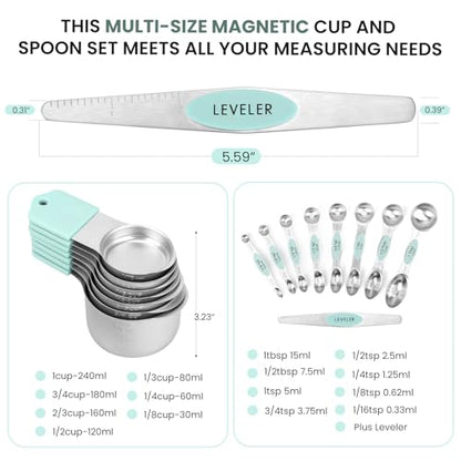HOUJIP Magnetic Measuring Cups and Spoons Set-304 Stainless Steel,Mint | Double Measurement Markings,BPA-Free,Set of 16 with Leveler for Measuring Dry and Liquid Ingredients - color: Mint