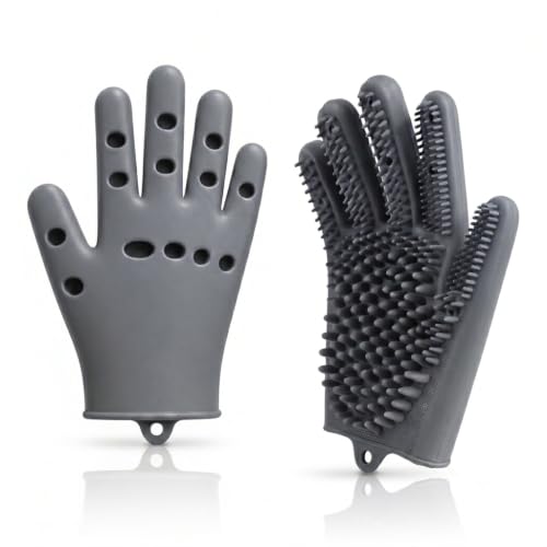 Pet Grooming Gloves for Cats & Dogs – Silicone Hair Removal Glove for Bathing, Shedding & Massage – Gentle Mitt for Long & Short Hair Pets with Drainage System - color: Grey
