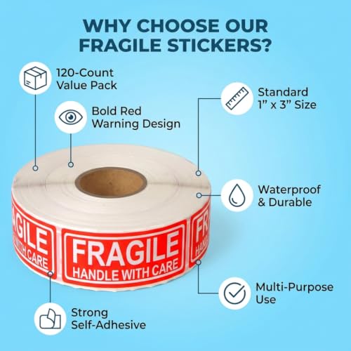 120Pcs Fragile Shipping Labels, Handle with Care Packing Stickers | 120Pcs high-visibility fragile labels mark delicate boxes, parcels, envelopes, moving cartons, mailers. - color: 120pcs- Fragile Stickers Handle