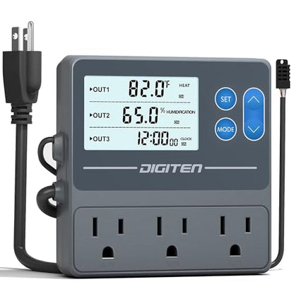 DIGITEN Reptile Temp & Humidity Controller with Timer Outlet | Temperature Control, Humidity Control, Timer, 3-Stage Outlet, Day-night Thermostat For Reptile, Mushroom, Homebrew