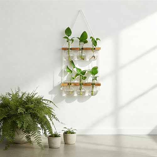 Plant Propagation Station Wall Hanging with 2 Tiered Wooden Stand | Plant Terrarium for Hydroponics Plants, Unique Gardening Gifts for Women Mom Plants Lovers - 6 Bulb Glass Vases - size: 2 Tiers - 6 Vases