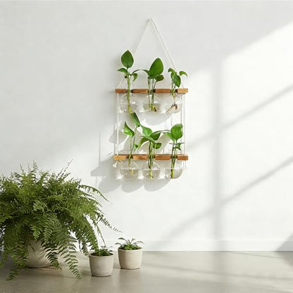 Plant Propagation Station Wall Hanging with 2 Tiered Wooden Stand | Plant Terrarium for Hydroponics Plants, Unique Gardening Gifts for Women Mom Plants Lovers - 6 Bulb Glass Vases - size: 2 Tiers - 6 Vases