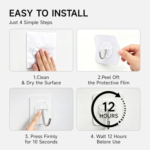 16 Pack Crystal Clear Adhesive Hooks for Hanging, Heavy Duty 22lb | Sticky Hooks, Invisible Clear Wall Hooks No Drill No Damage, Waterproof Shower Hooks for Bathroom Kitchen Towel Keys