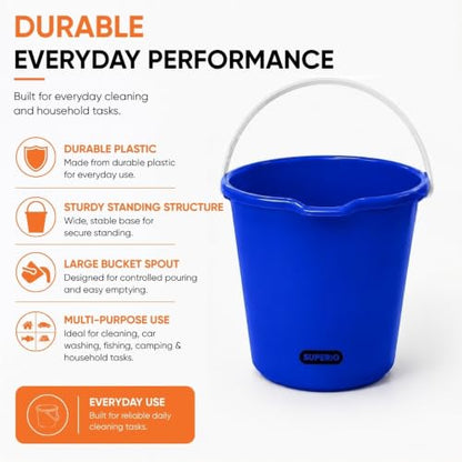Superio 2.75 Gallon Bucket, Plastic Cleaning Pail with Handle, Car Wash Bucket, Small Utility Bucket for Mopping, Fishing, Camping & Household Use, Durable, Blue - 2 Pack - color: Blue, size: 2 Pack