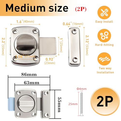 Alise 2Pcs Slide Bolt Latches,Medium Size Double Sided Rotate Lock for Cabinet | Rotary Switch Lock,Brushed Finish Heavy-Duty Gate Latch For Storage Box,Shed Door, Pet House,Wardrobe - color: Brushed, size: Medium Size (2P)