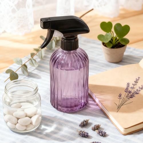 Glass Handheld Spray Bottle, 13.5oz, Purple, Adjustable Nozzle | Pressure Watering Can, Plant Mister Fine Mist for Indoor Flowers, Outdoor Gardening, Cleaning, Pets Care, Hair - color: Purple
