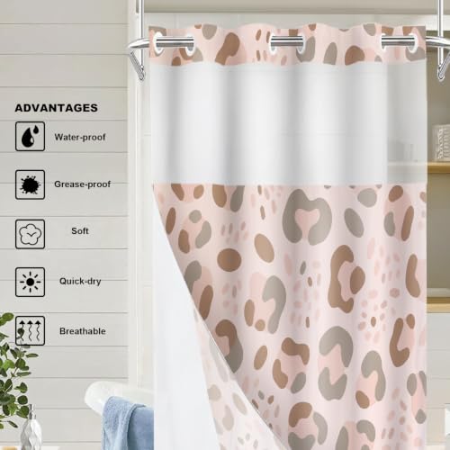 Satin Pink Leopard Print No Hooks Shower Curtain with Snap in Liner Set, Animal Nature Cat Wildlife Fur Polyester Shower Curtain for Stall Bathroom Waterproof 35.5X74 Inch - color: Animal Leopard Print Pink, size: 35.4"W x 74"L (Pack of 1)