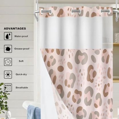 Satin Pink Leopard Print No Hooks Shower Curtain with Snap in Liner Set, Animal Nature Cat Wildlife Fur Polyester Shower Curtain for Stall Bathroom Waterproof 35.5X74 Inch - color: Animal Leopard Print Pink, size: 35.4"W x 74"L (Pack of 1)
