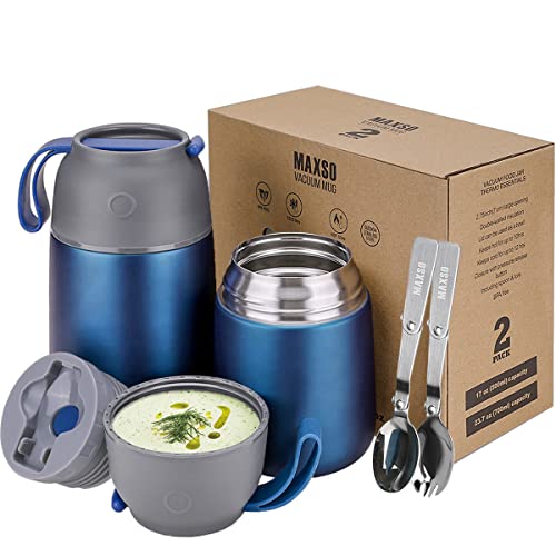 MAXSO 2 Pack Soup Thermo for Hot & Cold Food for Kids Adults, Vacuum Insulated Food Jar Thermal Lunch Containers, Travel Food Flask with Spoon (24 oz,17 oz) (Dark Blue) - color: Dark Blue