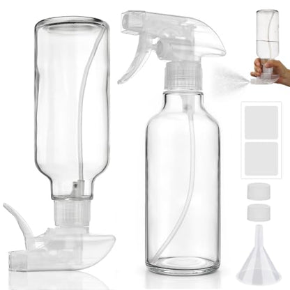 12oz Glass Spray Bottles 2 Pack, 360° Any-Angle Spraying | Refillable Leak-proof Bottles with Adjustable Nozzle; Ideal for Cleaning, Essential Oils, Plants & Hair Care - color: Clear