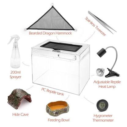 AZV Reptile Tank Starter Kit,8 Piece Escape Proof Hermit Crab Cage Small | All In One Lizard Terrarium,Multi-Vent Compatible Gecko Habitat,Clear PC Material Frog Enclosure,Easy-Clean Waterproof Base - size: Small(12*9*7IN)