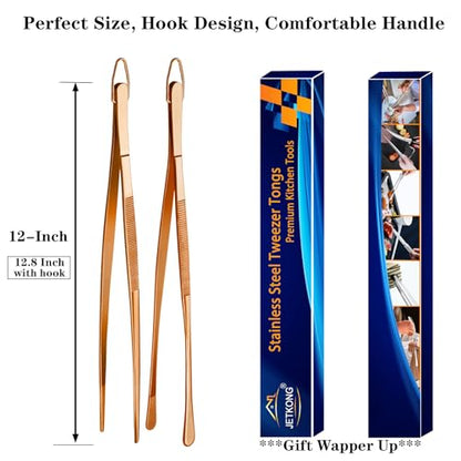 JETKONG 2 Pcs 12-Inch Kitchen Tweezers Cooking Tweezer Tongs Stainless Steel Long Food Tweezers (Rose Gold) - color: Rose Gold, size: 12+12 Inch
