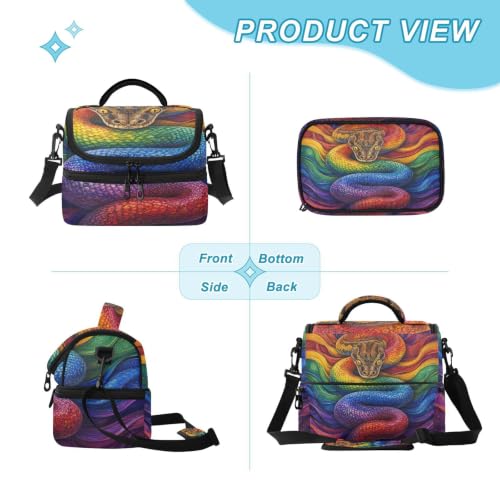 Emelivor Snake Rainbow Insulated Lunch Bag Tote Container for School | 8L Double Deck,Large Lunch Box with Shoulder Strap,Thermal Meal Prep Cooler,Suitable for School Work Picnic Office Travel