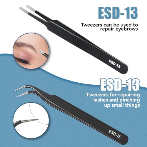 6 Pcs Precision Tweezers Set, Anti-Static Stainless Steel Craft | ESD Curved of Tweezers for Electronics, precision tweezers Craft, Laboratory Work, Jewelry-Making, etc