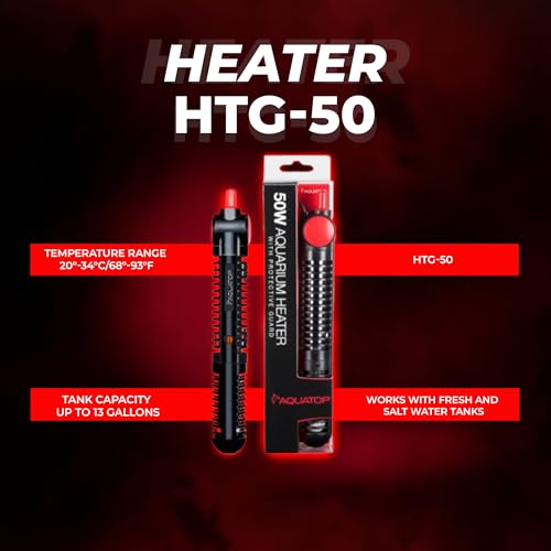 Aquatop 50W Premier Glass Heater with Guard – Submersible for Fish Tanks Up to 13 Gallons – 68-93°F Adjustable Temp – Fresh & Saltwater Use - size: 50 Watts
