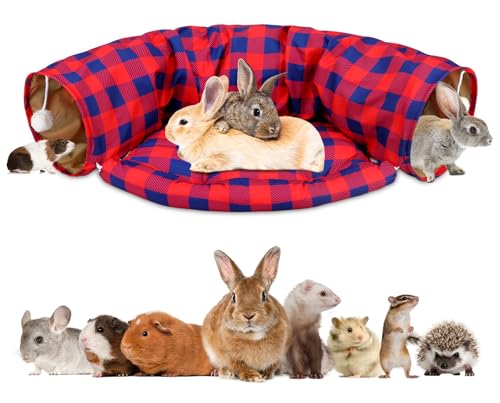 BWOGUE Bunny Tunnel Bed, 2-in-1 Collapsible Rabbit Tunnel Hideout with Mat | Red Plaid Rabbit Tunnel for Indoor Bunnies, 46.8 in Length, Removable Mat for Rest, Ball Toy for Play, Cats and Guinea Pigs - color: RedPlaid