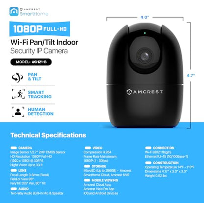 Amcrest 1080P WiFi Camera Indoor, Nanny Cam, Dog Camera, Sound & Baby Monitor, Human & Pet Detection, Motion-Tracking, 2.4Ghz Only, Pan/Tilt Wireless IP Camera, Night Vision, Smart Home ASH21-B