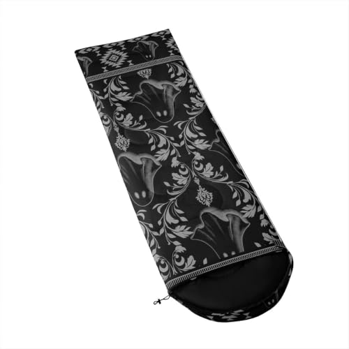 Erosebridal Longhorn Cow Skull Sleeping Bag for Kids Goth Witchy Damask Camping Blanket for Hiking Travel Hunting Sleep Bag - color: Black Halloween Ghost
