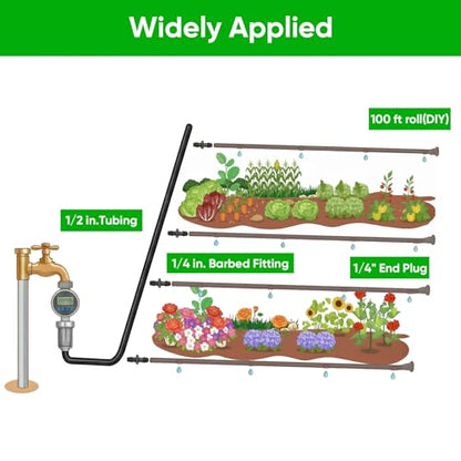 100FT 1/4" Irrigation Dripline Tubing with 6" Emitter Spacing for Gardens | Pre-Installed Emitters at Close Intervals Save Setup Time, Even Distribution for Flower Beds, Works with Most Drip Systems