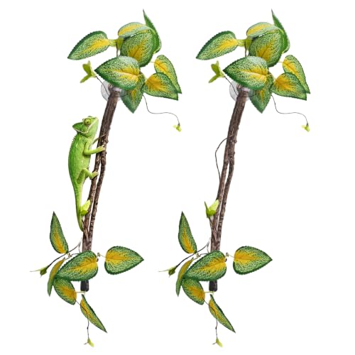 BNOSDM 2PCS Reptile Climbing Branch, Bendable Jungle Vine with Leaves Terrarium Plant Decoration with Suction Cup Chameleon Cage Accessories for Gecko Lizard Bearded Dragons Snake (Vinca Leaf) - color: Vinca Leaf