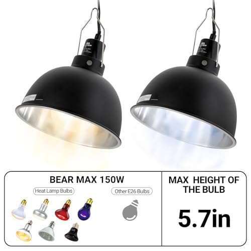 2 Pack Reptile Light Fixture, 8.5in Deep Dome Reptile Lamp Fixture, Optical Reflection Cover, Separate Switch & Hook, Terrarium Light Fixture for Reptile Heat Basking UVB Bulbs, 150W, Black - size: 8.5in