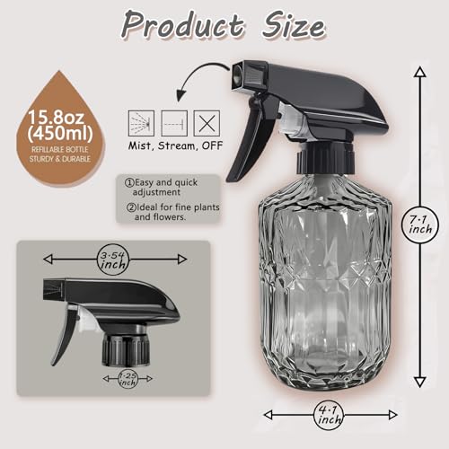 Glass Handheld Spray Bottle, 15oz, Dark Grey, Adjustable Nozzle | Pressure Watering Can, Plant Mister Fine Mist for Indoor Flowers, Outdoor Gardening, Cleaning, Pets Care, Hair - color: Dark Grey