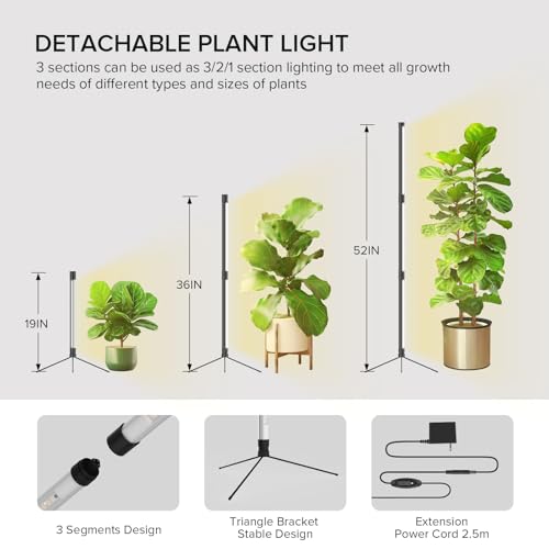 SANSI T10 Standing Grow Lights for Indoor Plants, Vertical Grow Light 4.4FT | PPFD 307 Plant Light 144 LEDs Full Spectrum, Adjustable Three-Stage, 5 Dimming, Timer 3/6/12h, 4000K, Wide Coverage Growth