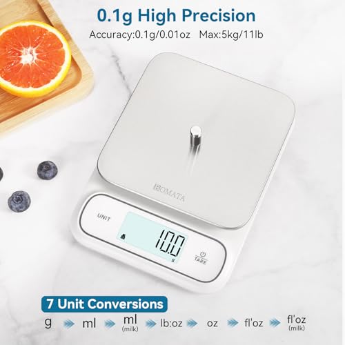 BOMATA Waterproof IPX6 Kitchen Scale with 0.1 g/0.01 oz High Precision | 5 kg/11 lbs, Digital Scale with Backlight, Stainless Steel Weighing Platform, for Food, Cooking,Baking,Weight Loss B619 White - color: White