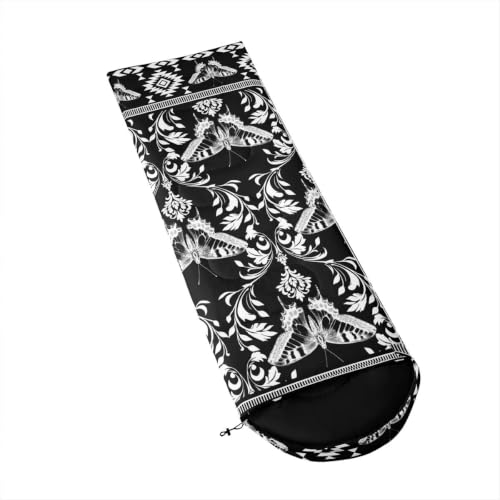 Erosebridal Longhorn Cow Skull Gothic Witchy Damask Sleeping Bag for Kids Camping Blanket for Hiking Travel Hunting Sleep Bag - color: Black and White Rustic Butterfly