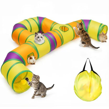 Cat Tunnel for Indoor Cats Large, Collapsible Cat Playhouse Pet Play Tunnel Tube Maze with Hanging Pom-Poms and Interactive Holes for Kitten, Kitty, Puppy, Rabbits, Ferret, Guinea Pig