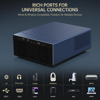 XIDU Portable Projector with WIFI and Bluetooth [Metal/2000ANSI/Native 1080P/Wireless Casting/Electric Focus/Auto Keystone]4K Outdoor Movie proyector for Home,Fire TV stick,iOS,Android,Laptop (Naval) | Ideal for bedroom, living room, compatible with HDMI