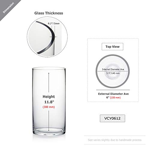 WGV Cylinder Glass Vase, Width 6", Height 12", [Different Heights Available] Clear Container Terrarium for Wedding Centerpiece, Party Event, Home Decor, 1 Piece - size: 6"x12"H