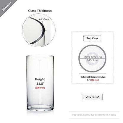 WGV Cylinder Glass Vase, Width 6", Height 12", [Different Heights Available] Clear Container Terrarium for Wedding Centerpiece, Party Event, Home Decor, 1 Piece - size: 6"x12"H