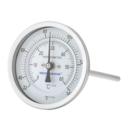 Measureman Fully Stainless Steel Bi-Metal Dial Thermometer, 3" Dial, 6" Stem, 32-140 deg F/0-60 deg C, +/-1% Accuracy, Adjustable, 1/2" NPT Back Mount - size: 32-140 deg F/0-60 deg C, style: 6" Stem