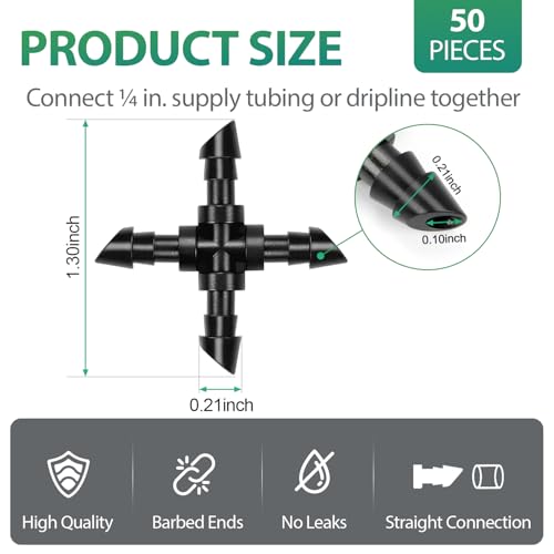 RedChili 50 Pack Drip Irrigation Universal 1/4" Barbed Cross Fitting, Drip System Parts Double Barbed Cross Tee Connectors Fits 1/4-Inch Drip Tubing Irrigation for Drip Line Connection - size: 1/4" Barbed Cross