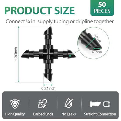 RedChili 50 Pack Drip Irrigation Universal 1/4" Barbed Cross Fitting, Drip System Parts Double Barbed Cross Tee Connectors Fits 1/4-Inch Drip Tubing Irrigation for Drip Line Connection - size: 1/4" Barbed Cross