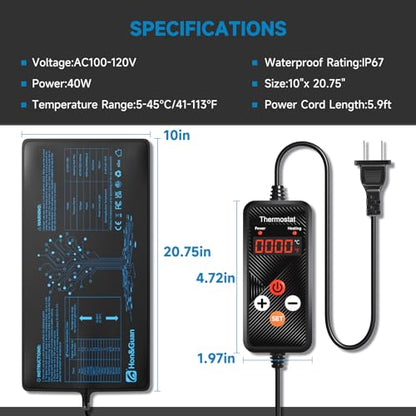 Hon&Guan 10"x 20.75" Seedling Heat Mat with Digital Thermostat Combo Set | PVC/PET layers, IP67 surface, 41-113°F control, 0-24h timer, overheating protection, for seedlings, brewing and reptiles - size: 10"x 20.75" 1 Pack