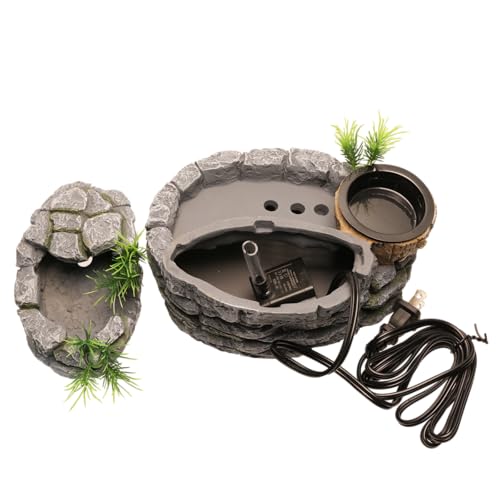 Reptile Water Fountain with Food Dish, 500ML Terrarium Waterfall Drinking Fountain Reptile Water Dispenser, Natural Resin,for Bearded Dragon Gecko Chameleon Lizard Tree Frog Turtle
