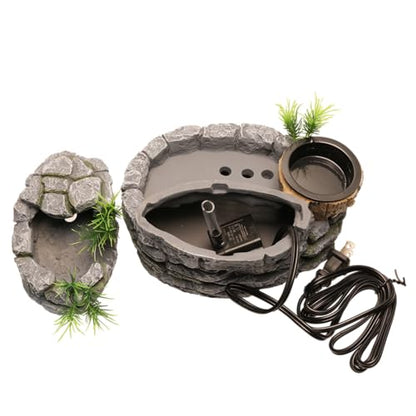 Reptile Water Fountain with Food Dish, 500ML Terrarium Waterfall Drinking Fountain Reptile Water Dispenser, Natural Resin,for Bearded Dragon Gecko Chameleon Lizard Tree Frog Turtle