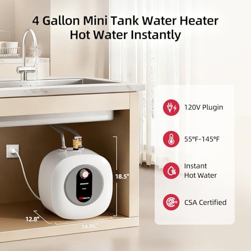 Electric Mini Tank Water Heater - 4.0 Gallon Point of Use Instant Hot Water Heater for RV, Camper, Kitchen, Food Truck, 120V 1440W, Under Sink, Wall or Floor Mounted, Easy to Install - color: 4 Gal